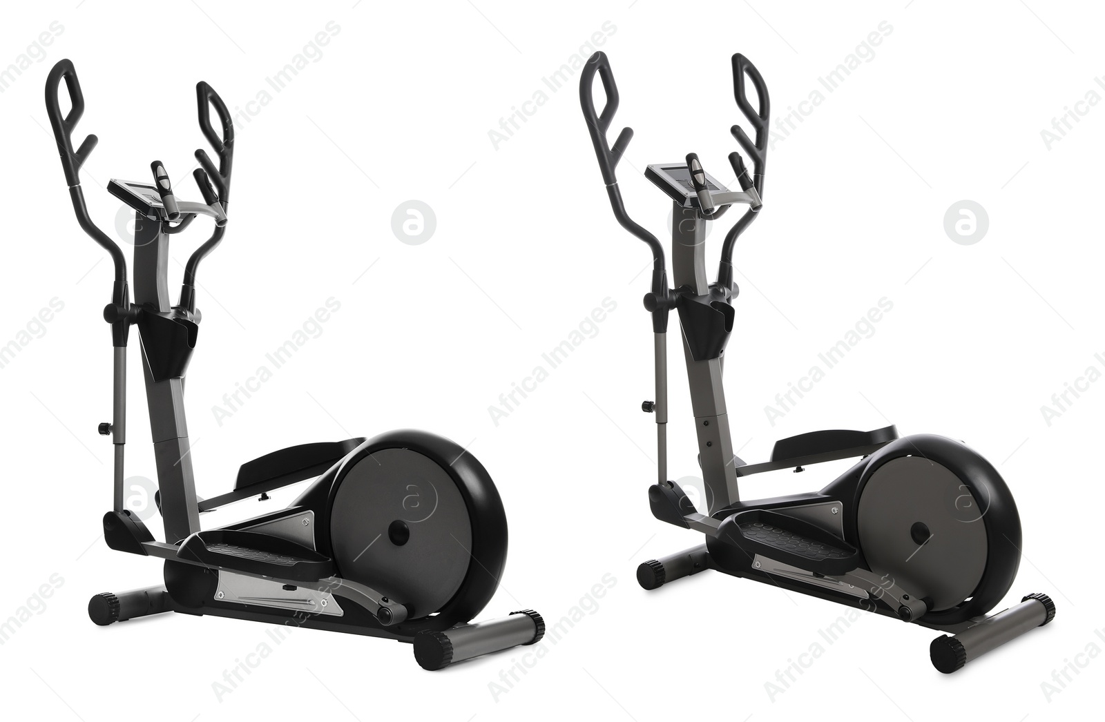 Image of Modern elliptical machines on white background, collage