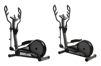 Modern elliptical machines on white background, collage