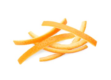 Photo of Fresh orange fruit peels on white background, top view