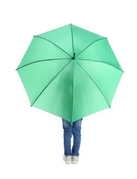 Photo of Little boy with green umbrella on white background