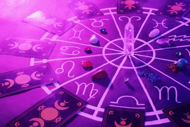 Photo of Natural stones for zodiac signs, tarot cards and drawn astrology chart on purple background. Color tone effect