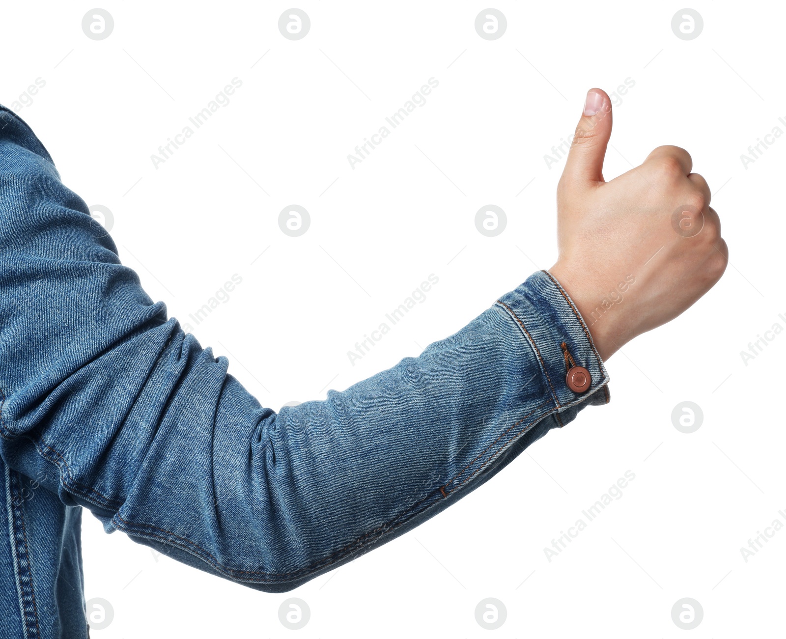 Photo of Man showing thumb up on white background, closeup of hand. Hitchhiking gesture