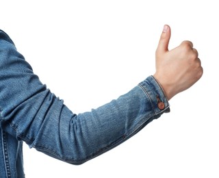 Man showing thumb up on white background, closeup of hand. Hitchhiking gesture