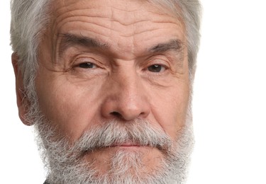 Senior man with mustache on white background