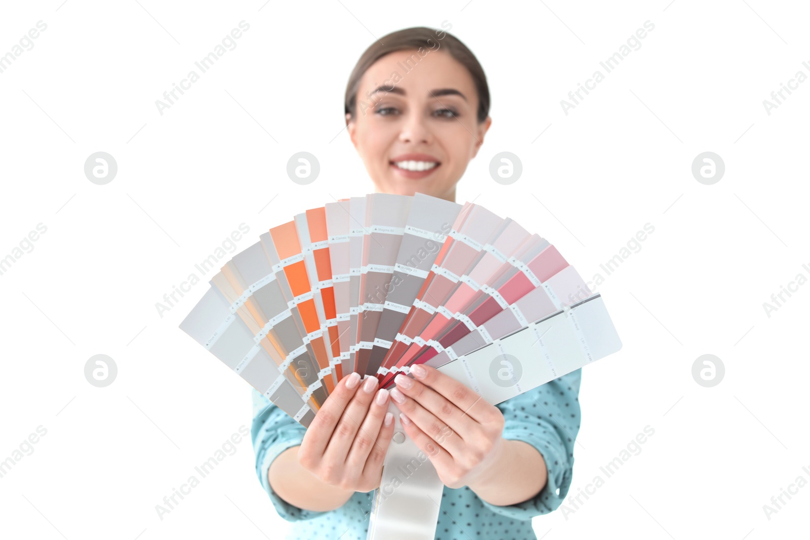 Photo of Young woman with color palette on white background