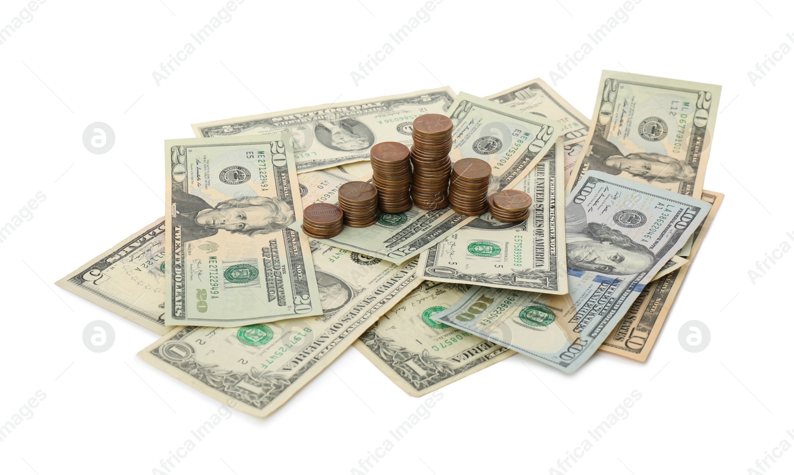 Photo of Dollar bills and coins isolated on white