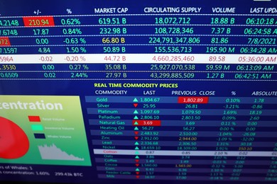 Online stock exchange application with information on screen, closeup
