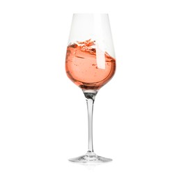 Image of Rose wine splashing in glass on white background