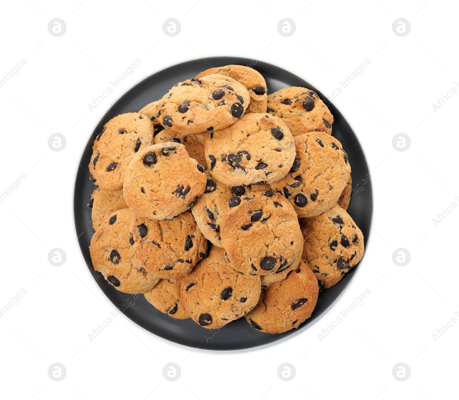 Photo of Plate of delicious chocolate chip cookies isolated on white, top view