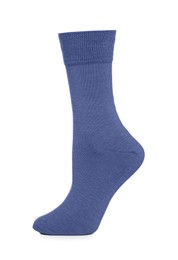 Photo of Blue sock isolated on white. Footwear accessory