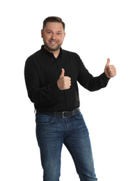 Portrait of happy mature man on white background