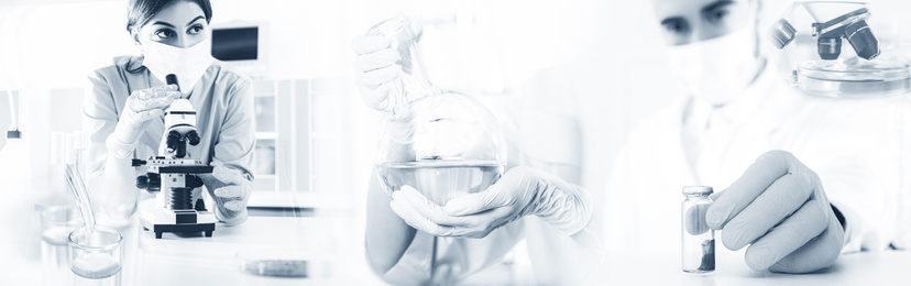 Multiple exposure of scientists doing research and analysis in laboratory, banner design