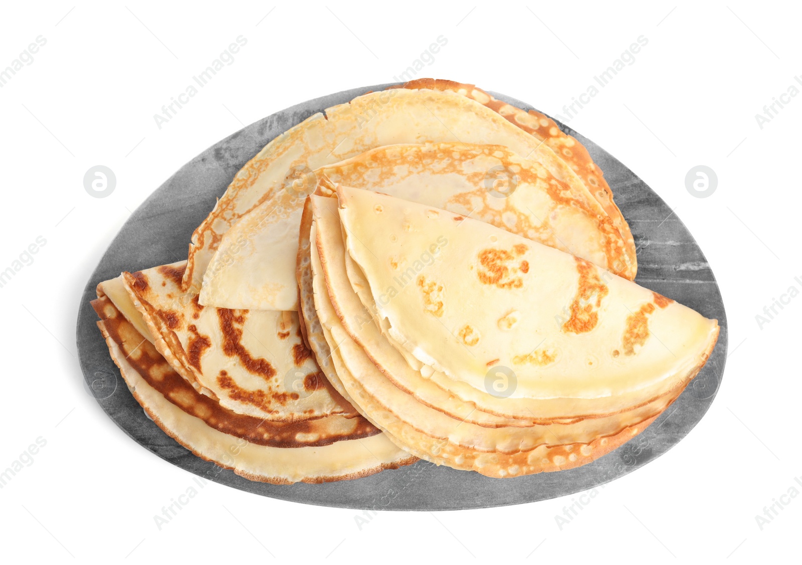 Photo of Fresh thin pancakes isolated on white, top view