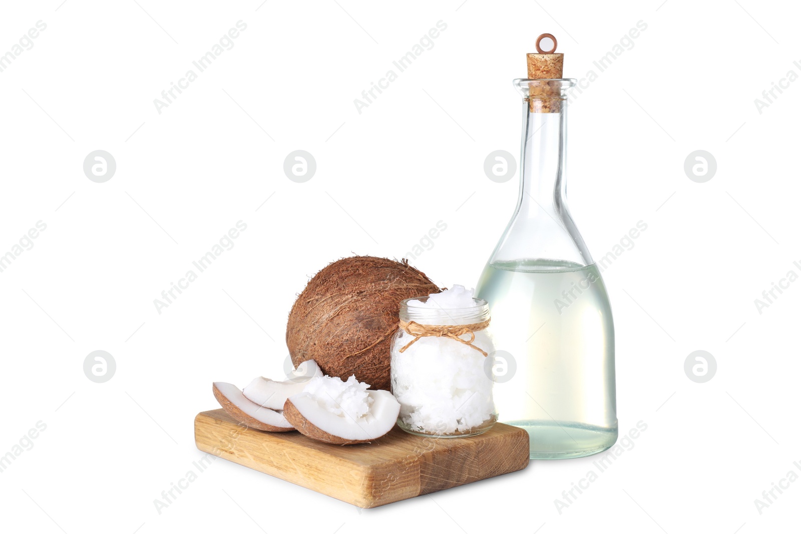 Photo of Composition with coconut oil on white background