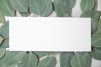 Fresh eucalyptus leaves and blank card with space for design, top view