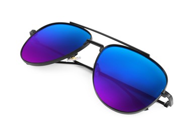 Stylish sunglasses with color lenses on white background