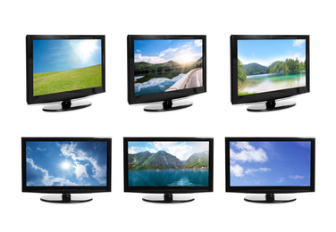 Set of modern plasma TVs with landscape on screens against white background