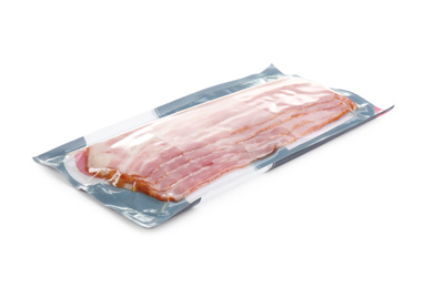 Image of Fresh raw bacon in package on white background