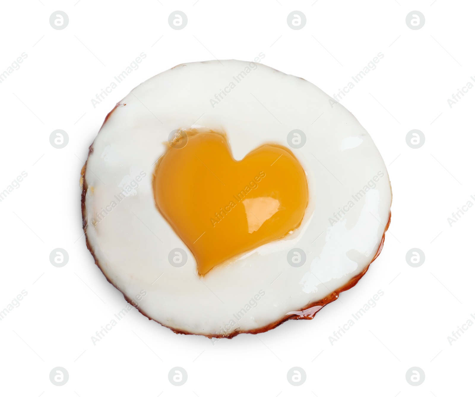 Image of Tasty fried egg with yolk in shape of heart on white background, top view