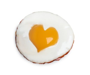 Image of Tasty fried egg with yolk in shape of heart on white background, top view