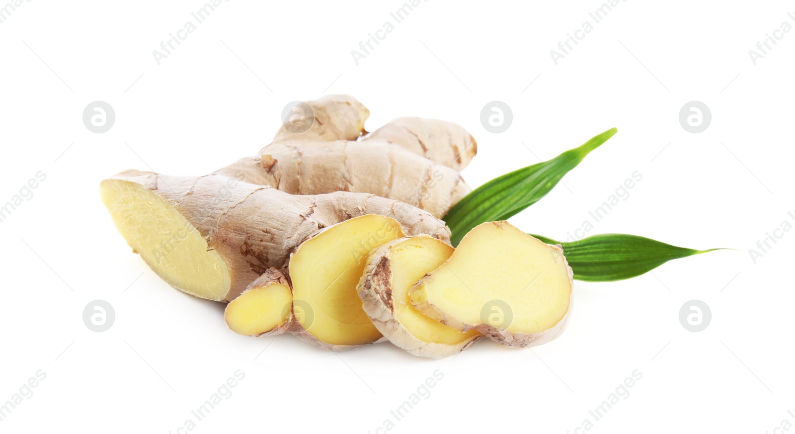 Photo of Cut fresh ginger with leaves isolated on white background