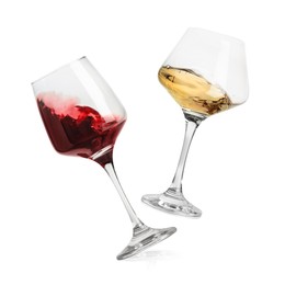 Image of Different types of wine splashing in glasses on white background