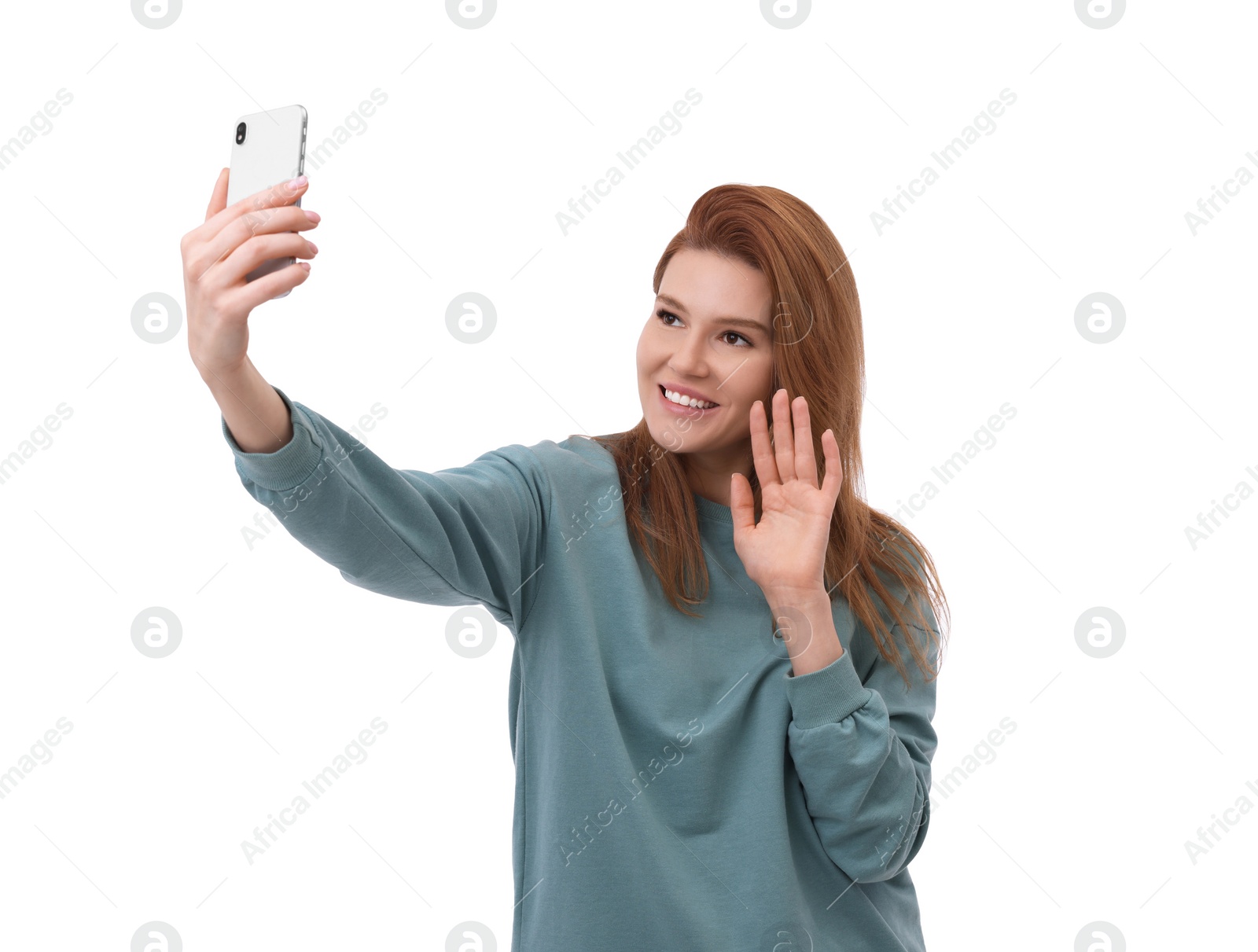 Photo of Beautiful woman taking selfie on white background