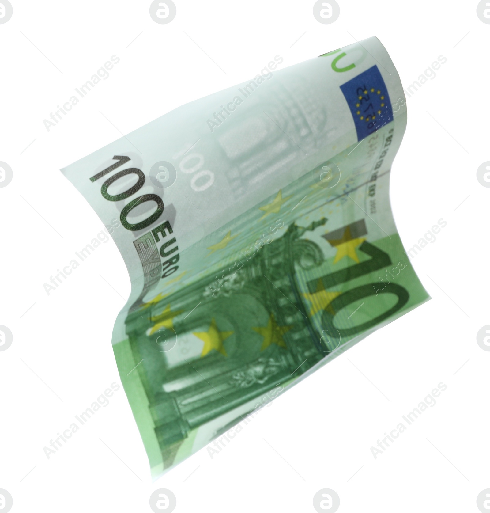 Photo of Flying one hundred Euro banknote isolated on white