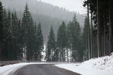 Beautiful landscape with conifer forest and road on snowy winter day