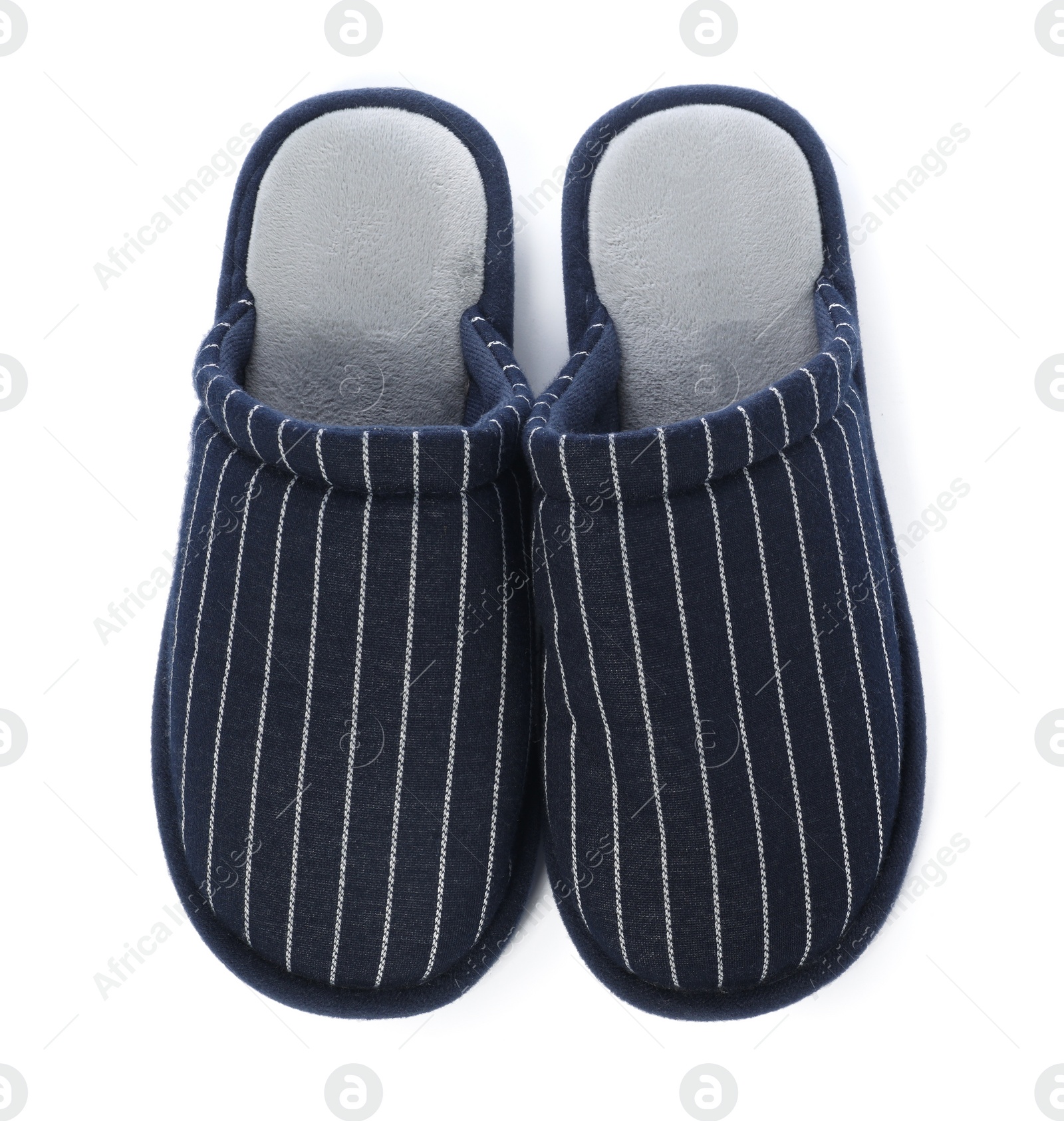 Photo of Pair of striped slippers isolated on white, top view