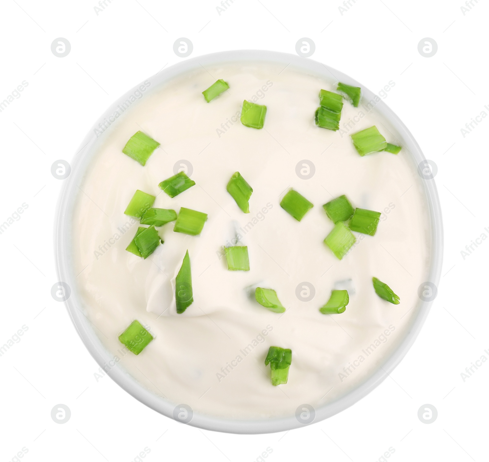 Photo of Fresh sour cream with onion on white background, top view