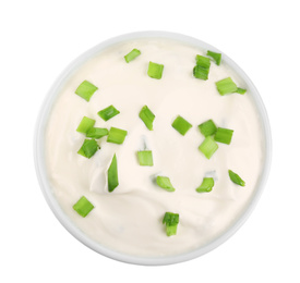 Fresh sour cream with onion on white background, top view