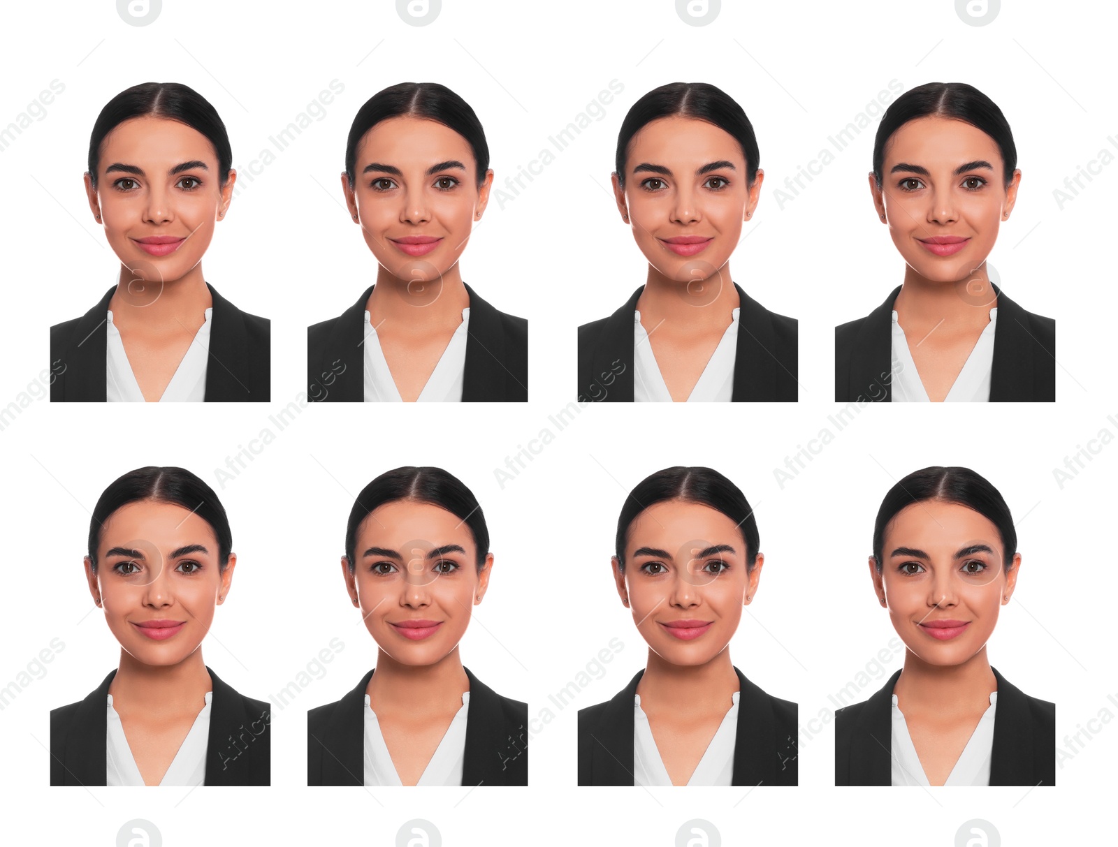 Image of Passport photo, collage. Woman on white background, set of photos