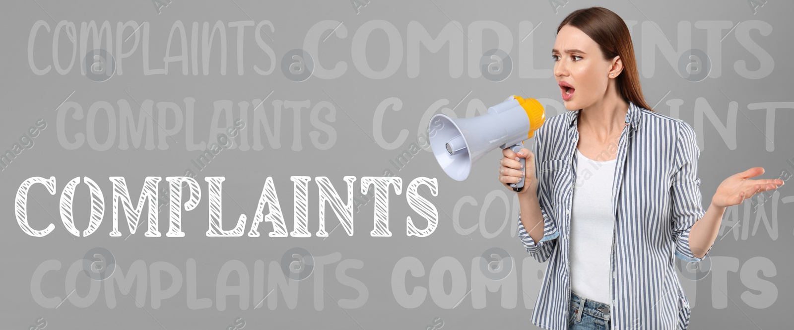 Image of Emotional woman with megaphone and words Complaints on grey background, banner design