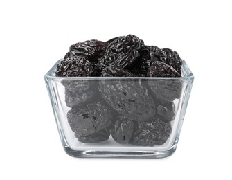 Photo of Bowl with sweet dried prunes isolated on white