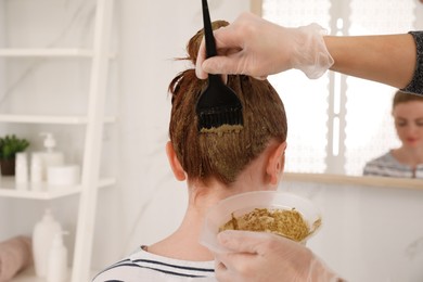 Photo of Professional hairdresser dyeing woman's hair with henna in beauty salon, back view