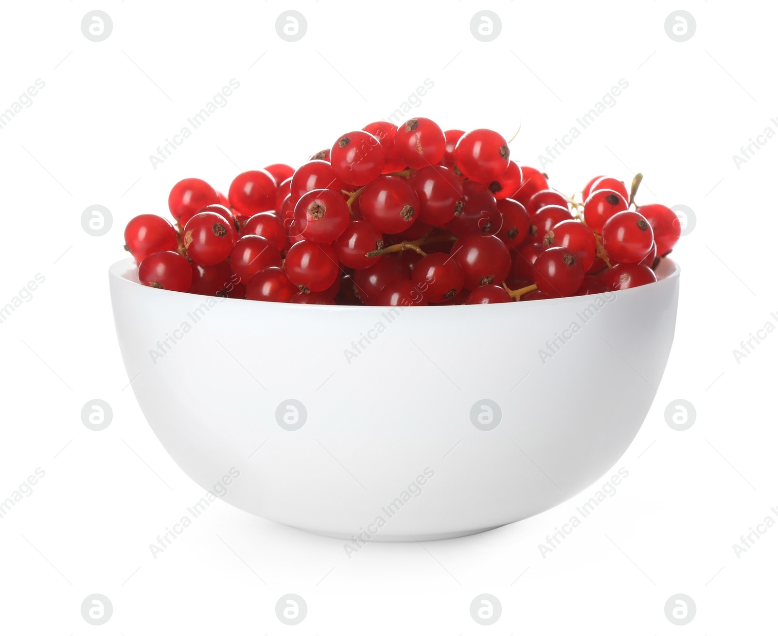 Photo of Delicious ripe red currants in bowl isolated on white