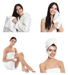 Beautiful woman with towel on white background, collage
