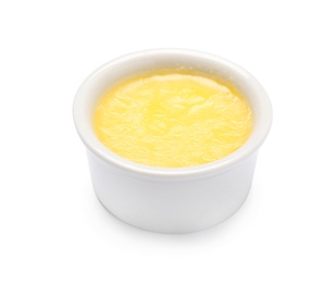 Photo of Ceramic bowl with clarified butter on white background