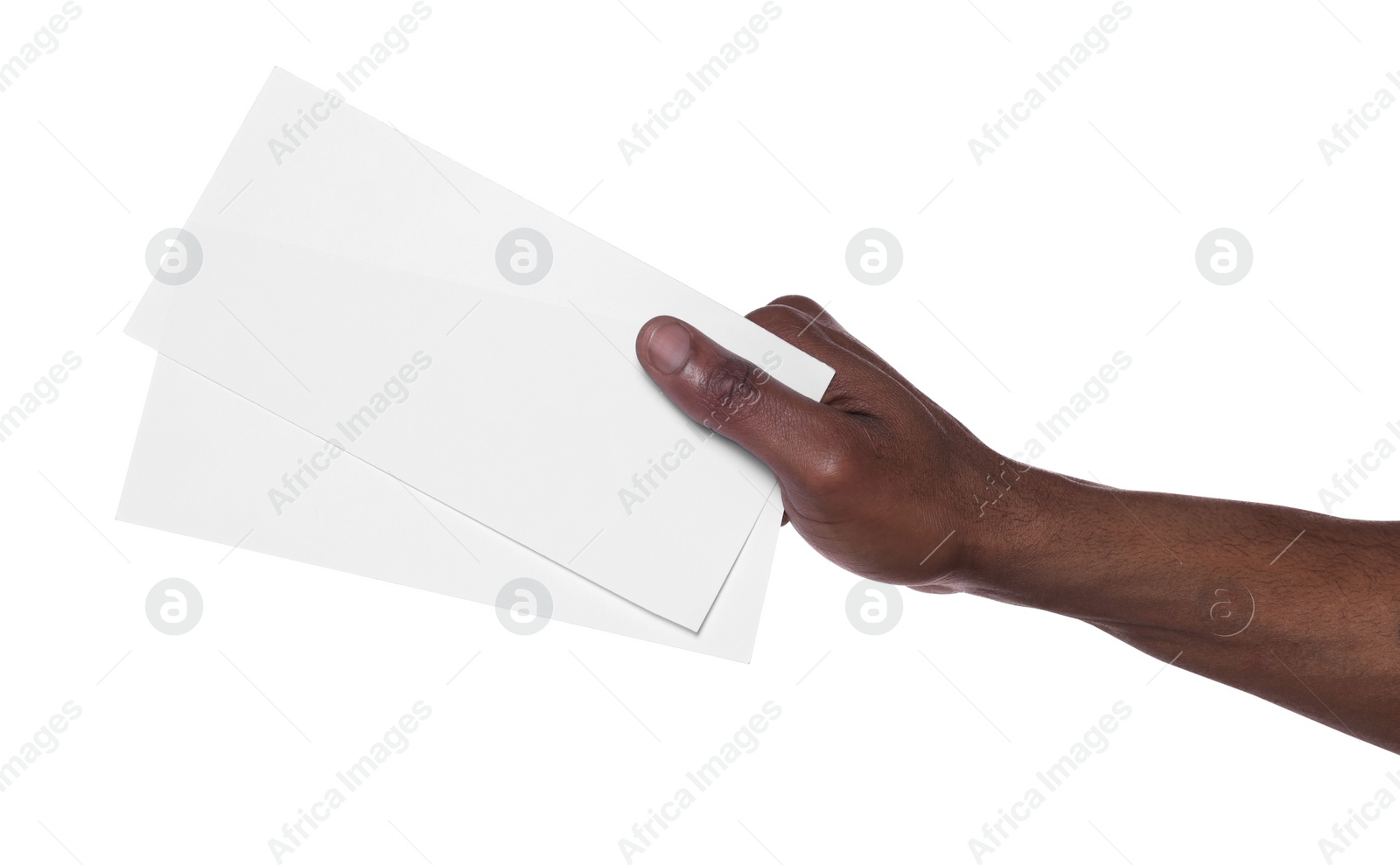 Photo of African American man holding flyers on white background, closeup. Mockup for design