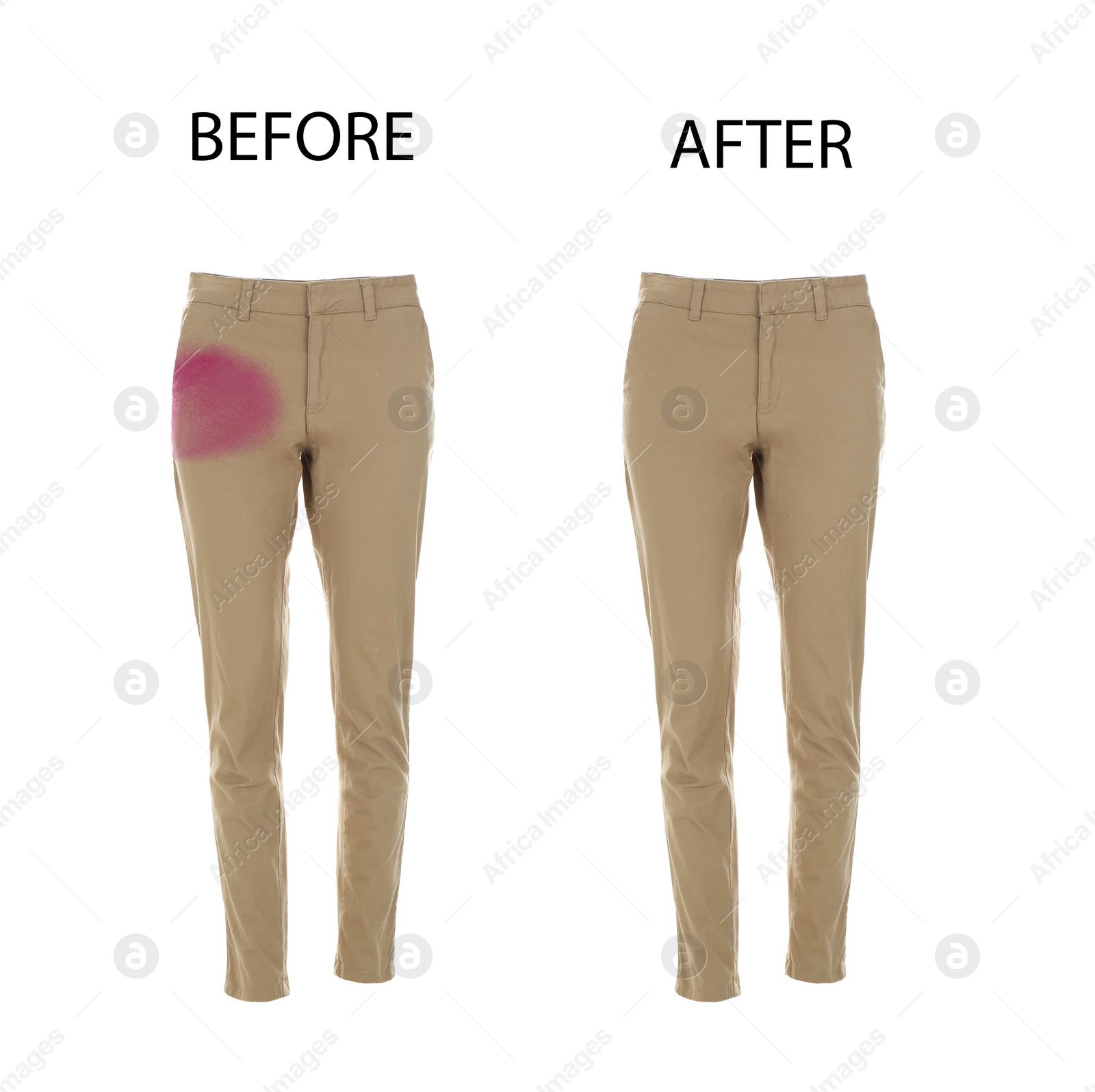 Image of Collage with dirty and clean pants isolated on white. Before and after washing