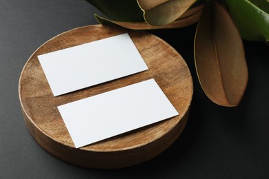 Photo of Blank business cards and magnolia leaves on black background, closeup. Mockup for design