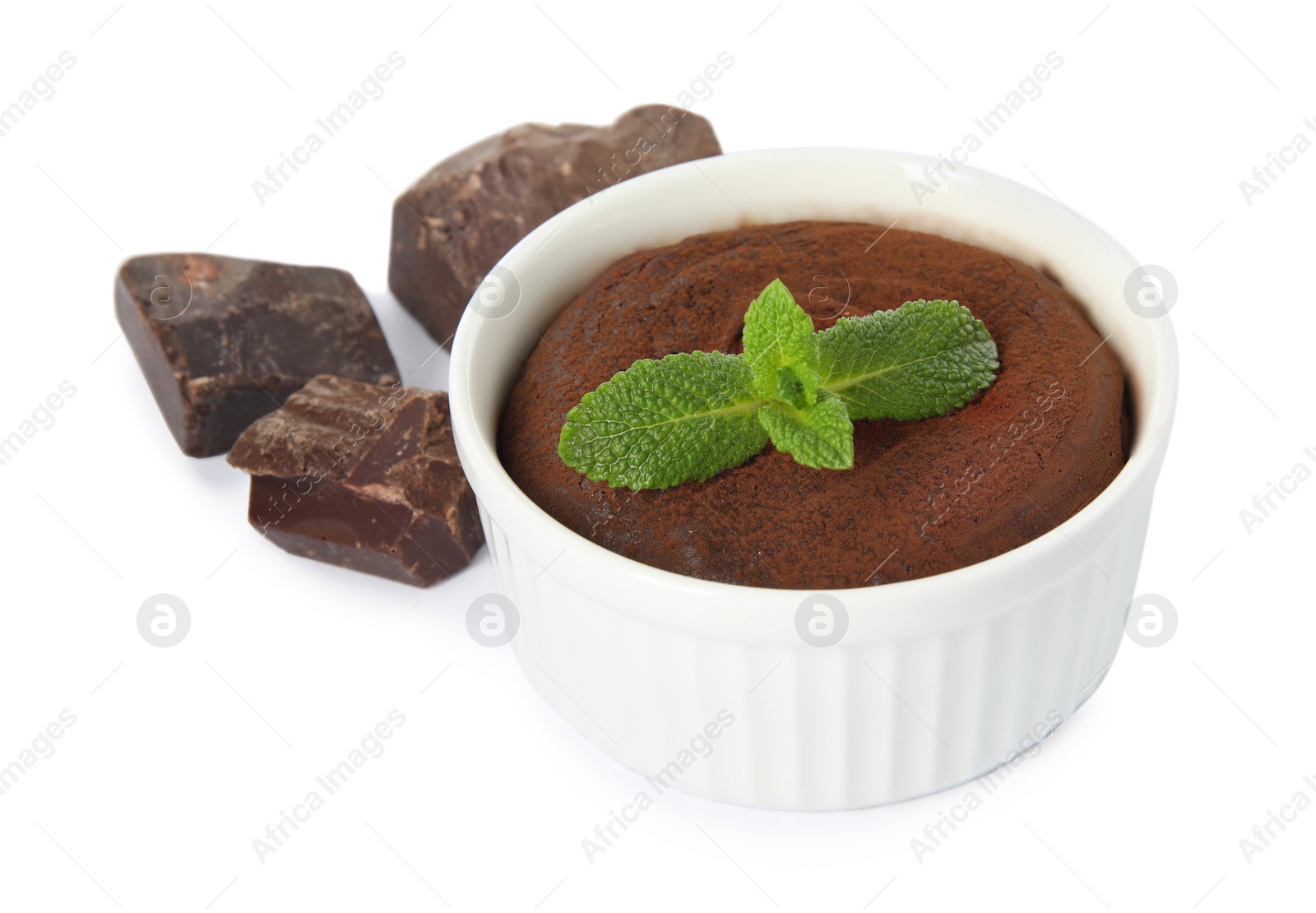 Photo of Delicious fresh fondant with mint and chocolate chunks on white background