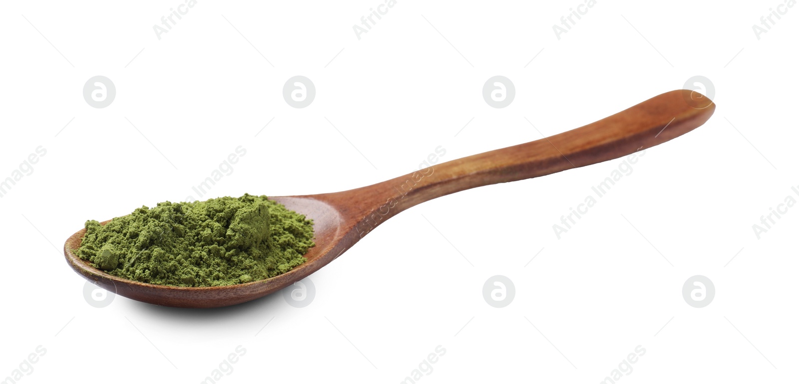 Photo of Spoon of green matcha powder isolated on white