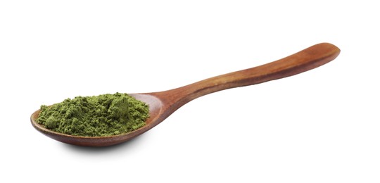 Photo of Spoon of green matcha powder isolated on white