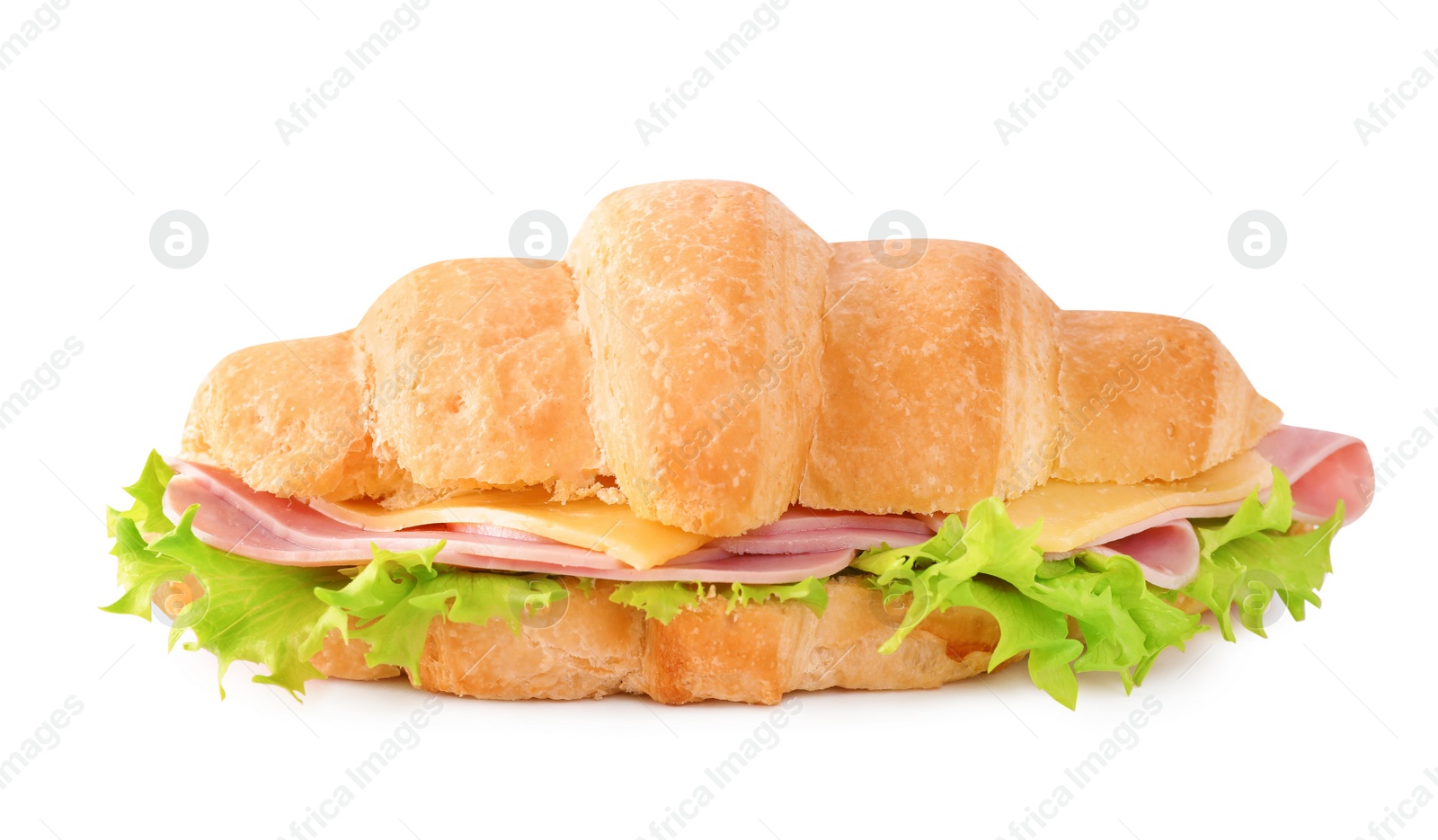 Photo of Tasty croissant sandwich with ham isolated on white