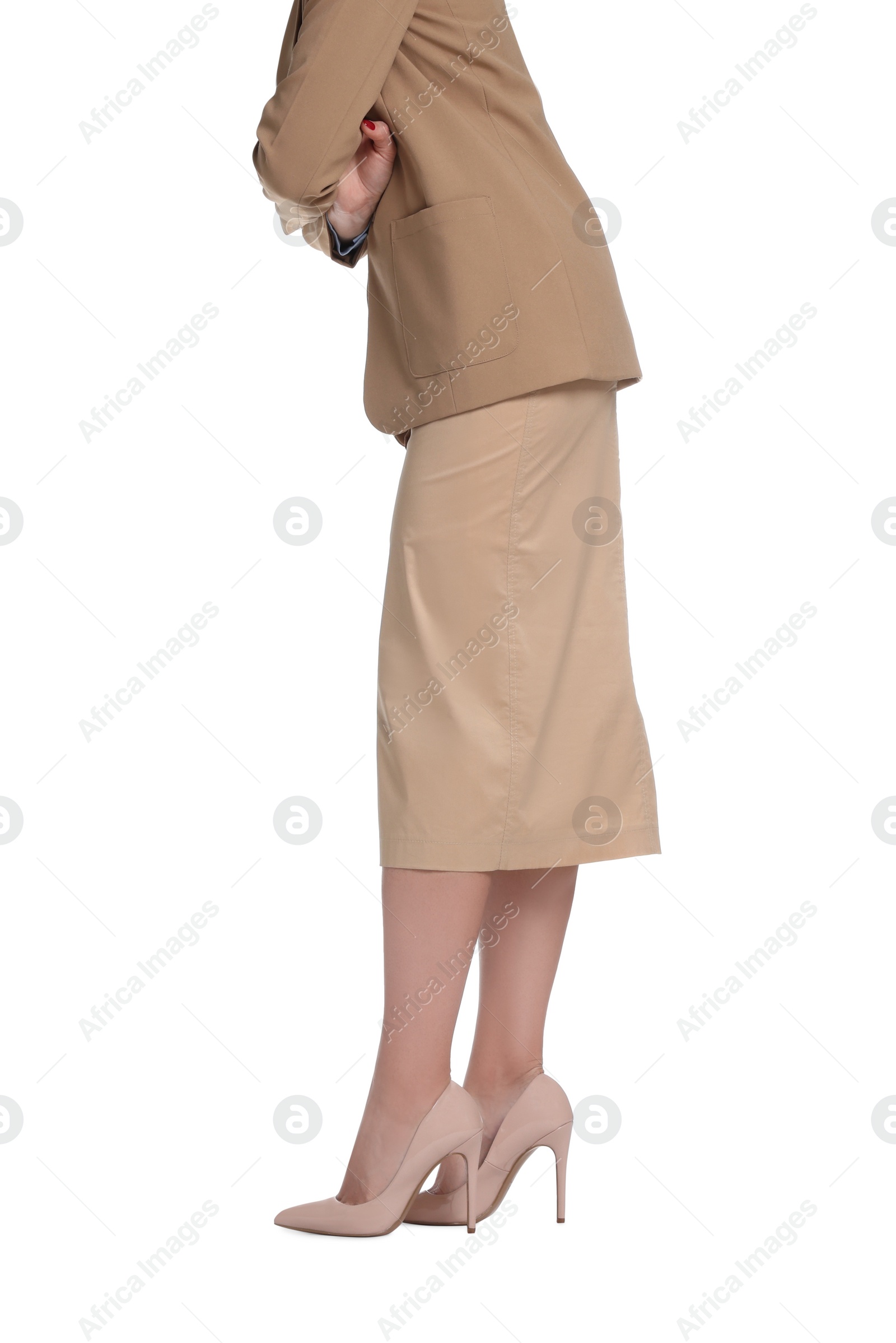 Photo of Businesswoman in beige shoes on white background, closeup