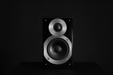 Photo of Modern powerful audio speaker on black background