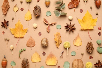 Flat lay composition with autumn leaves on beige background