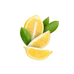 Cut fresh lemon with green leaves isolated on white
